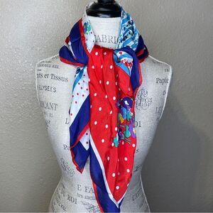 Vintage 70’s Honey Silk Scarf Floral and Polkadot red White Blue Yellow Green